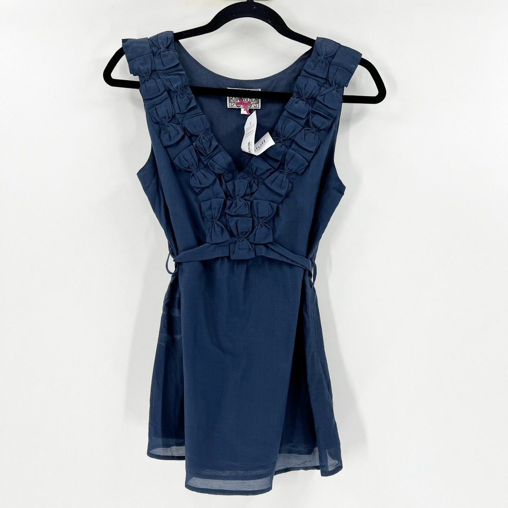 Baraschi Navy Blue Sleeveless Mini Dress Ruffle Bow Belted Women's Size 4